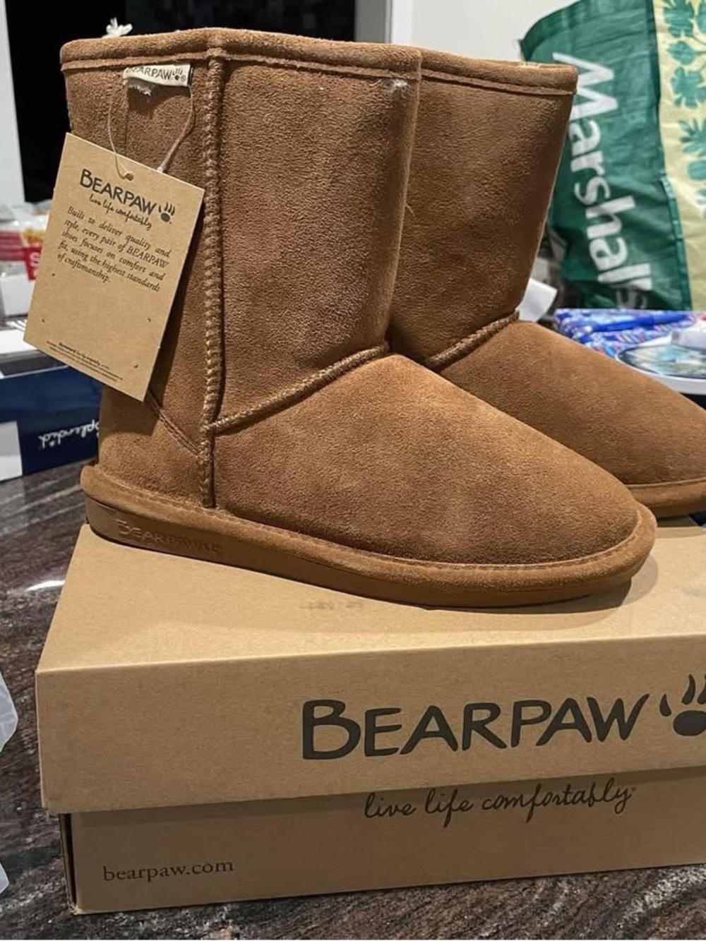 BearPaw Chestnut Suede Short Shearling Boots